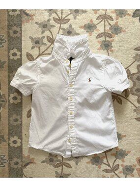 Polo Ralph Lauren Little Girl White Polo Button Up Horse Logo Top Size 4 Cotton